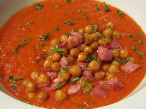 Tomato-Red Pepper Soup with Country Ham & Chickpeas